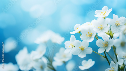 Spring forest white flowers primroses on a beautiful light blue sky