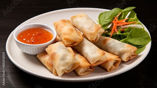 an image of a plate of vegetable spring rolls with a side of dipping sauce