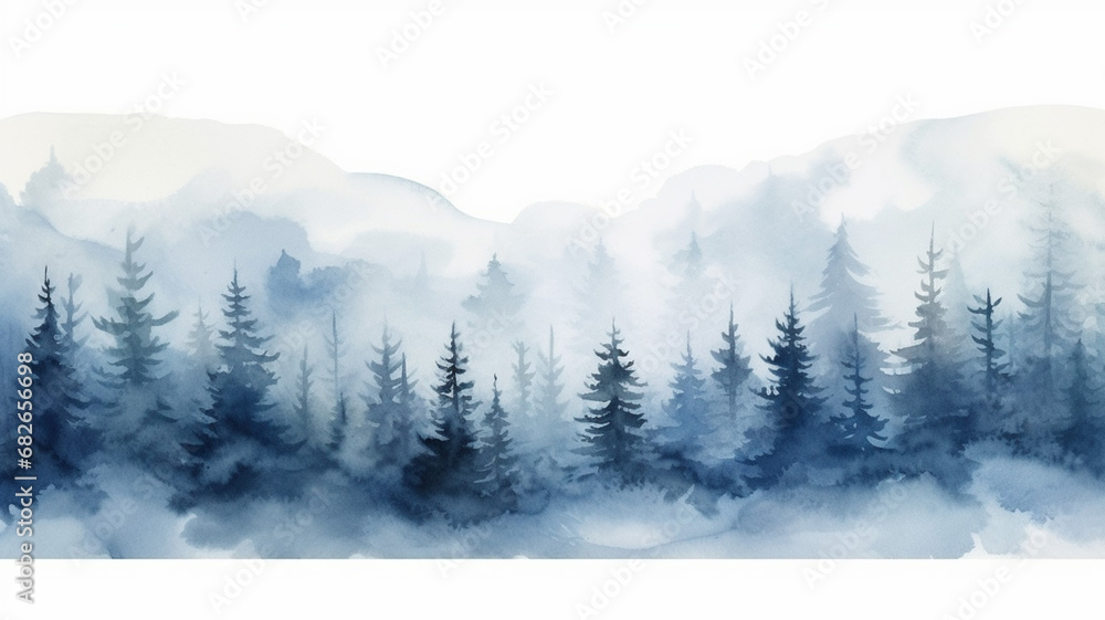 Watercolor Blue winter landscape of foggy forest hill