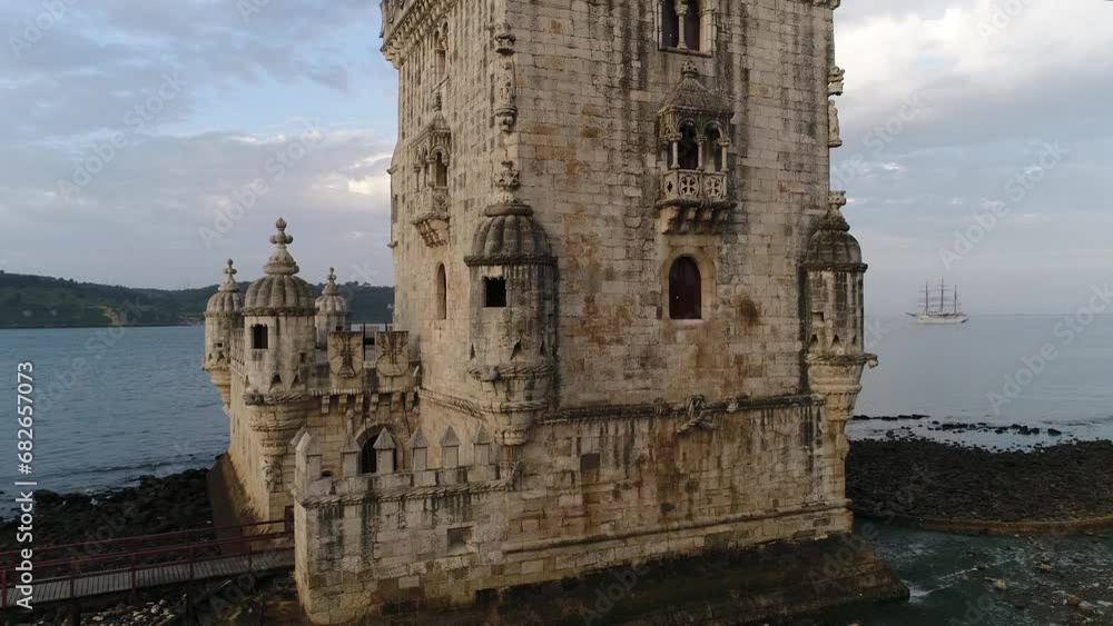Belem Tower, drone view in Lisbon, Portugal Belem Tower, drone view in Lisbon, Portugal
