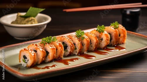 an image of a plate of spicy salmon rolls with a side of pickled radish