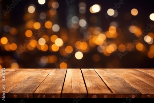 The empty wooden table top with blur background of restaurant at night. Exuberant image. generative ai