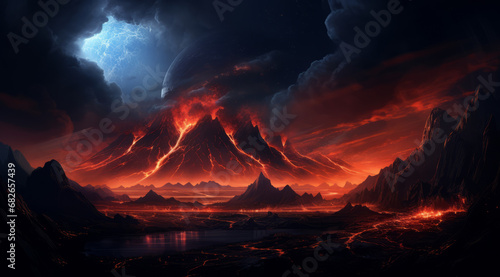 An apocalyptic volcanic eruption with lightning strikes on an otherworldly planet.