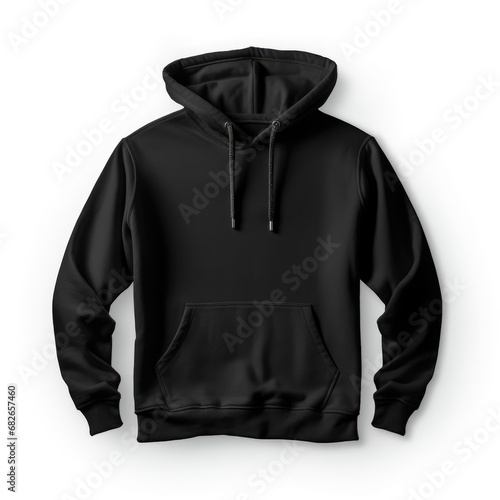 Black hoodie sweatshirt with a hood and long sleeves on white background