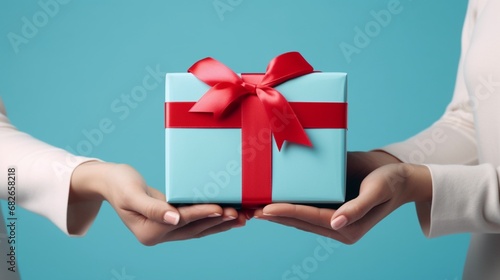 Isolated on a blue background, a happy couple of friends are holding a present box with a gift ribbon bow and a woman dressed in white and red. Women's Day Valentine's Day birthday celebration idea