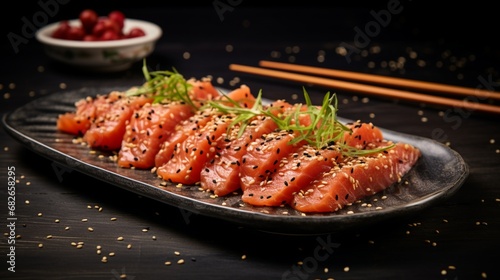 an image of a plate of spicy tuna sashimi with sesame seeds
