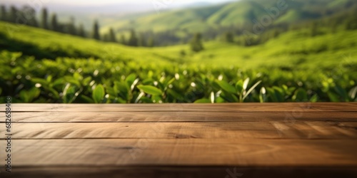 The empty wooden table top with blur background of tea plantation. Exuberant image. generative AI
