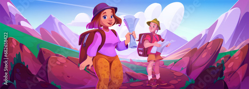 Tourists hiking in mountains with maps. Vector cartoon illustration of man and woman with backpacks smiling on travel route, people enjoying vacation tour and nature recreation, active lifestyle