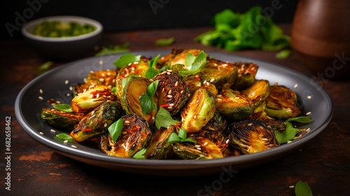 an image of a plate of roasted Brussels sprouts with crispy outer leaves