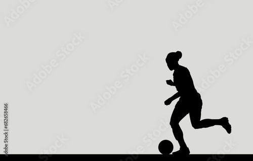 Silhouette of a female soccer player, isolated on a gray background.