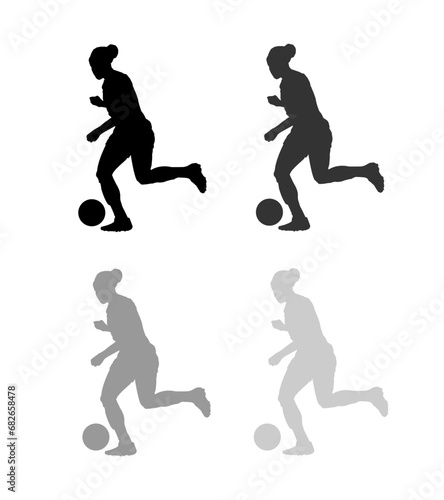 Silhouette of a female soccer player, isolated on a gray background, available in 4 different shades of shadow.