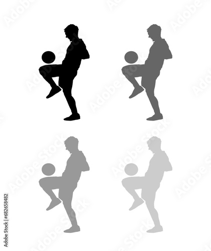 Silhouette of a football player juggling a ball with his knee, available in 4 different shadow gradations, isolated on a white background.