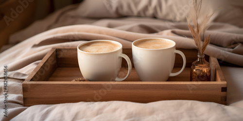 Breakfast in bed,Tray with cup of hot tea in the bed lazy morning warm winter mood ai generated,Tray, Cup of Tea, Bed, Lazy Morning, Warm Winter Mood,