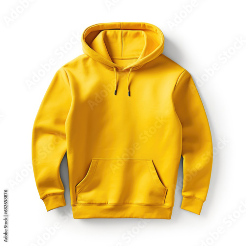 Yellow hoodie sweatshirt with a hood and long sleeves on white background