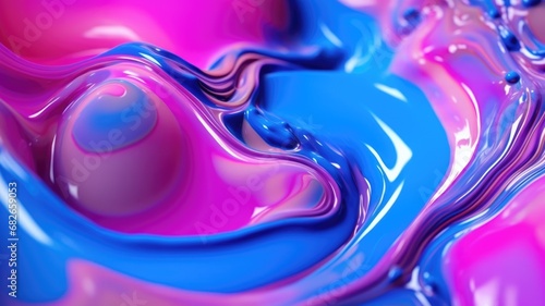 The close up of a glossy liquid surface abstract in hot pink, electric blue, and neon green colors with a soft focus. 3D illustration of exuberant. generative AI