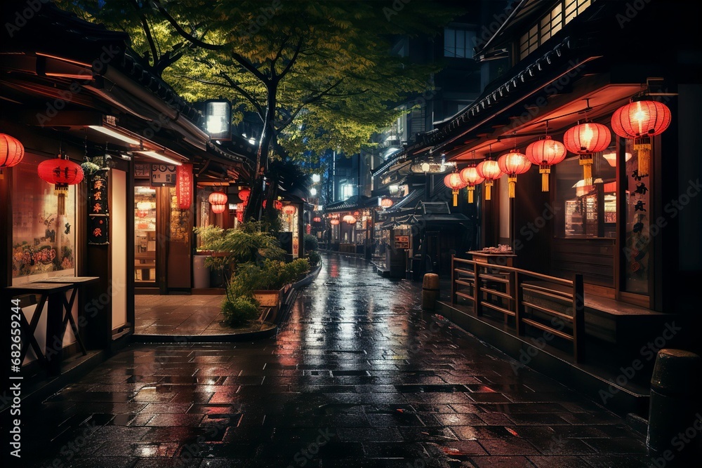 日本の京都風の夜の町並み（京都・奈良・寺院・神社）	

