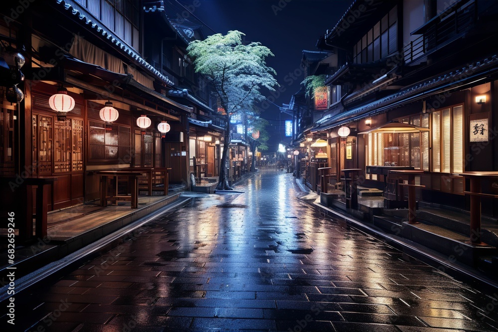 日本の京都風の夜の町並み（京都・奈良・寺院・神社）	
