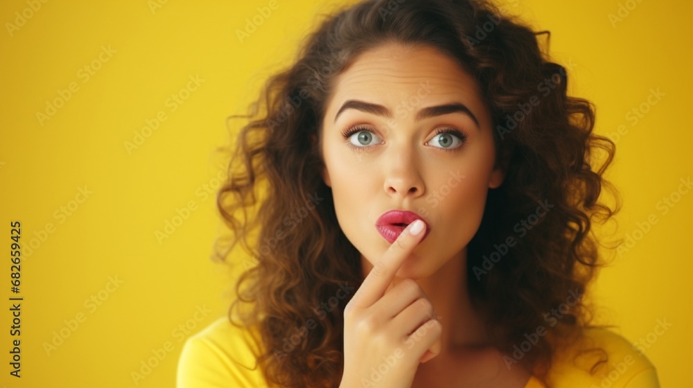 Photographic portrait of a girl looking at a blank space and closing her lips with her finger, set against a striking background of yellow. Photographic portrait of a girl looking at a blank space and closing her lips with her finger, set against a striking background of yellow.