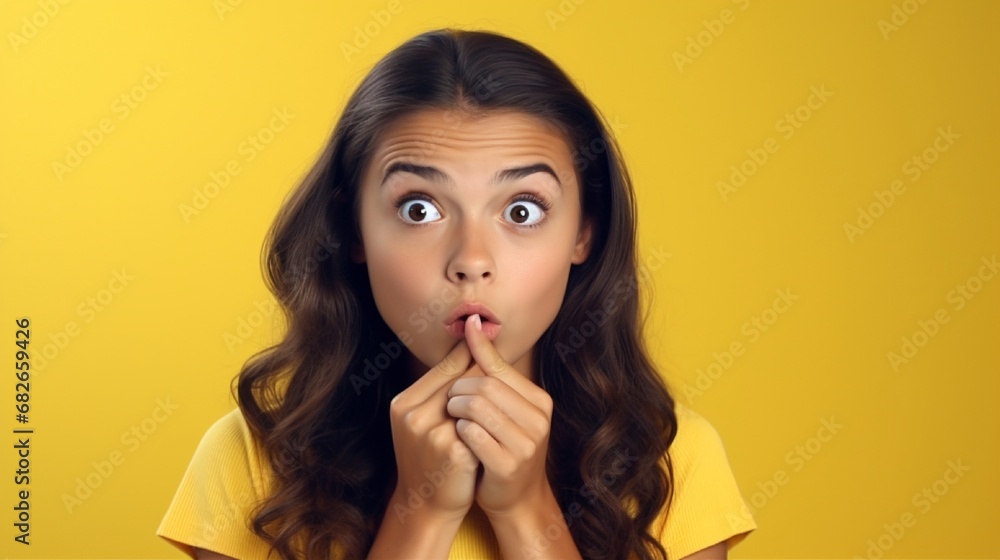 Photographic portrait of a girl looking at a blank space and closing her lips with her finger, set against a striking background of yellow. Photographic portrait of a girl looking at a blank space and closing her lips with her finger, set against a striking background of yellow.