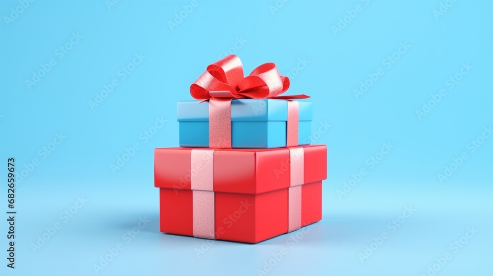 Fototapeta premium Picture of quirky, humorous girl looking like a copyspacer preparing a gift box for a friend's anniversary and wearing a pullover, isolated on a background of blue. /