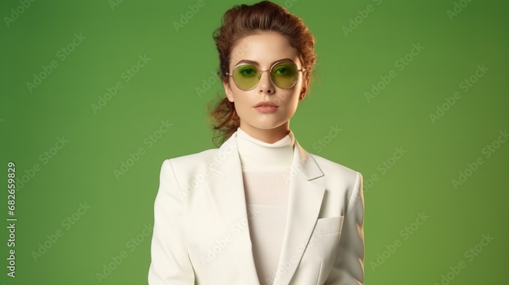 Posing against a green backdrop is a stylish, self-assured woman dressed in an exquisite white suit with blazer, pants, cashmere turtleneck sweater, Posing against a green backdrop is a stylish, self-assured woman dressed in an exquisite white suit with blazer, pants, cashmere turtleneck sweater,