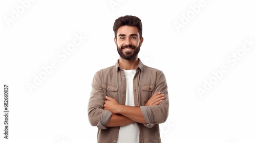 Standing with his arms crossed on a white background, a happy, self-assured young man with a beard has copy space to the left of him. Indian Pakistani Arabic from South Asia Eastern Middle East