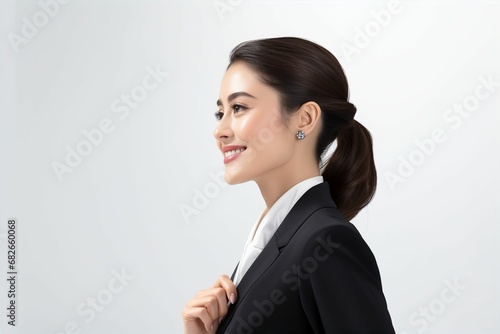 横顔の日本人の女性ビジネスマンのポートレート写真（白背景・サラリーマン・スーツ・若手・新人・新入社員）