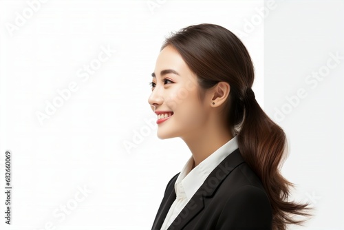 横顔の日本人の女性ビジネスマンのポートレート写真（白背景・サラリーマン・スーツ・若手・新人・新入社員）