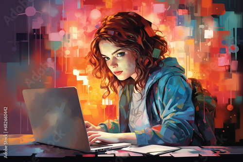 A teenager girl with a laptop, creative illustration