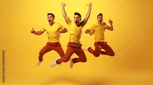 Three youthful, ecstatic men leaping together, isolated against a yellow backdrop