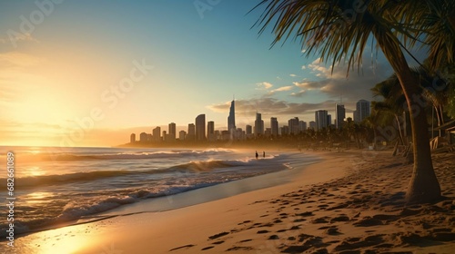 a beach with a city in the background © KWY