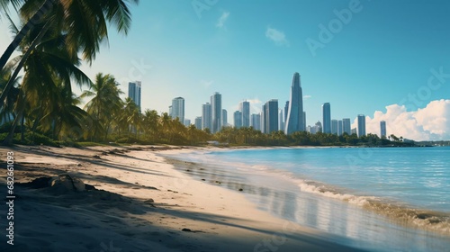 a beach with a city in the background © KWY