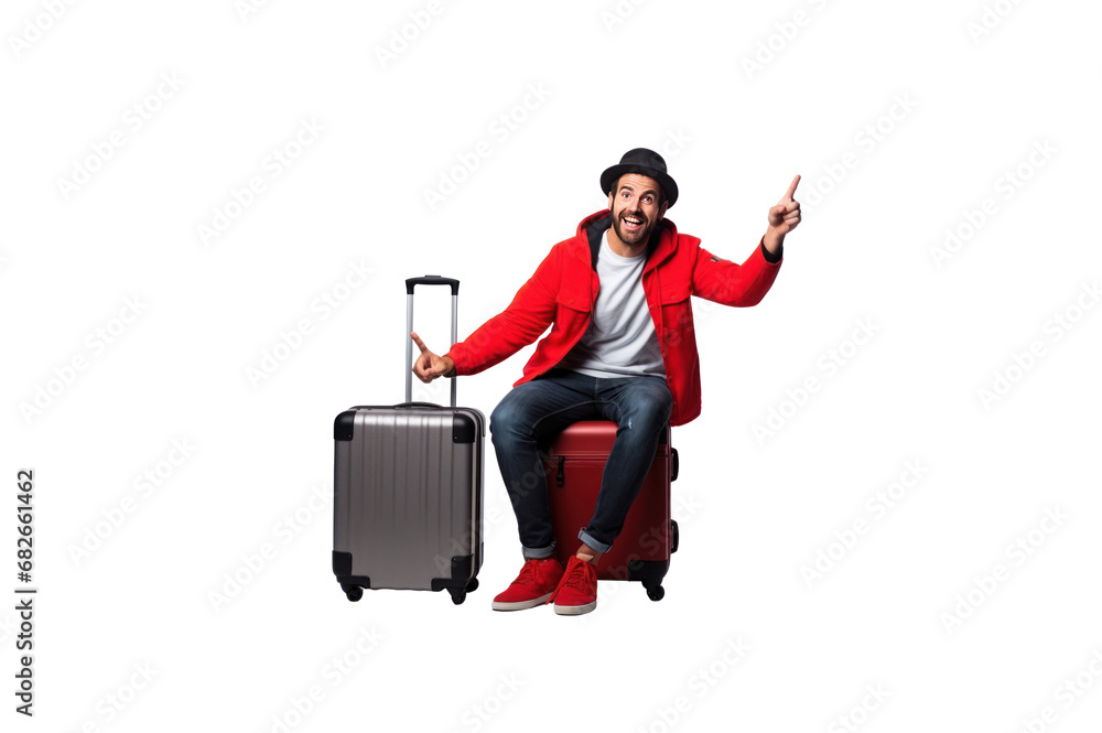Tourist sitting on suitcase holding passport and hand pointing at photocopying area On a transparent studio background Tourist sitting on suitcase holding passport and hand pointing at photocopying area On a transparent studio background