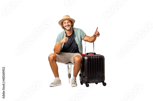 Tourist sitting on suitcase holding passport and hand pointing at photocopying area On a transparent studio background © suteeda