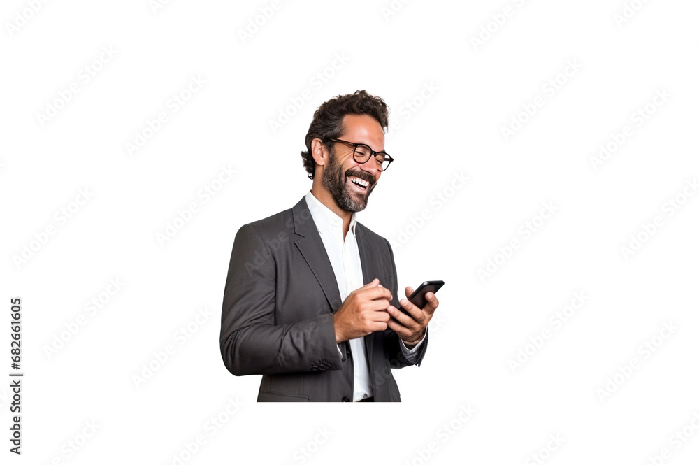 Smiling bearded businessman using mobile phone, looking sideways, isolated on transparent background Smiling bearded businessman using mobile phone, looking sideways, isolated on transparent background