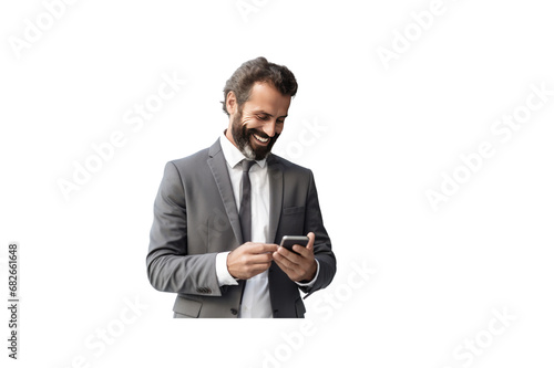 Smiling bearded businessman using mobile phone, looking sideways, isolated on transparent background