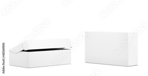 White closed and open cardboard box mockup. Realistic vector illustration set of blank carton package for delivery or gift concept. Rectangular paper pack mock up for corporate and brand presentation.