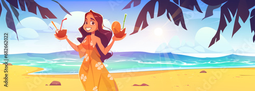 Cartoon summer beach vacation illustration - young woman holding in hands cocktails in coconut standing on sea or ocean shore. landscape poster with smiling girl under palm trees in sunny hot day.
