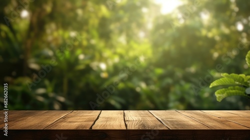 The empty rustic wooden plank table top with blur background of jungle. Exuberant image. generative ai