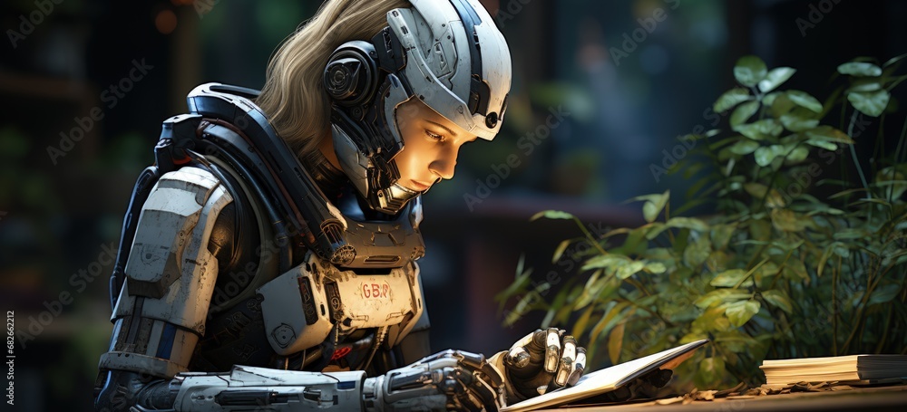 Silver-armored robot with blond hair interacting with a book in a peaceful natural environment