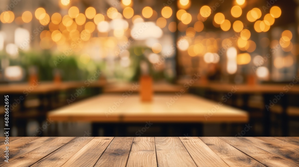 The empty wooden table top with blur background of restaurant. Exuberant image. generative AI