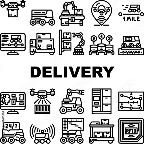 autonomous robot delivery icons set vector. technology transport, autonomous industry, vehicle, transportation, automated autonomous robot delivery black contour illustrations