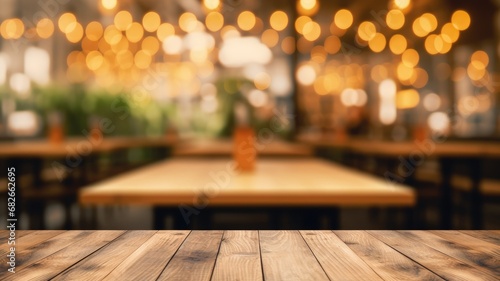 The empty wooden table top with blur background of restaurant. Exuberant image. generative AI © Summit Art Creations