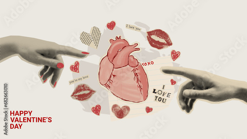 Retro collage for Valentine's Day. Vector illustration with halftone hands pointing fingers to heart. Concept of vintage collage for Valentine's Day with cut out symbols and newspaper clipping.