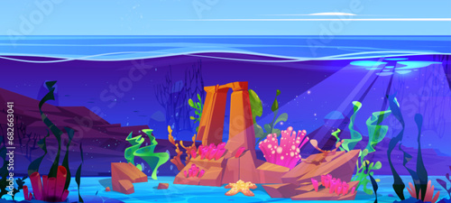 Underwater landscape with starfish and seaweeds. Vector cartoon illustration of seabed with pink coral reefs and rocky stones, sunlight penetrating water surface, blue sky horizon, deep ocean flora