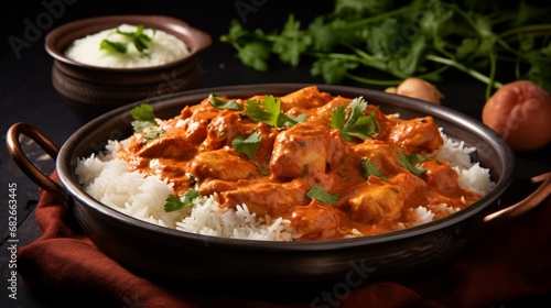 an image of a rich and creamy chicken tikka masala with fragrant basmati rice