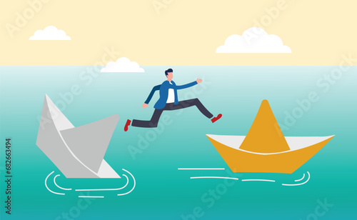 Businessman jump over new paper ship concept. Business symbol vector illustration