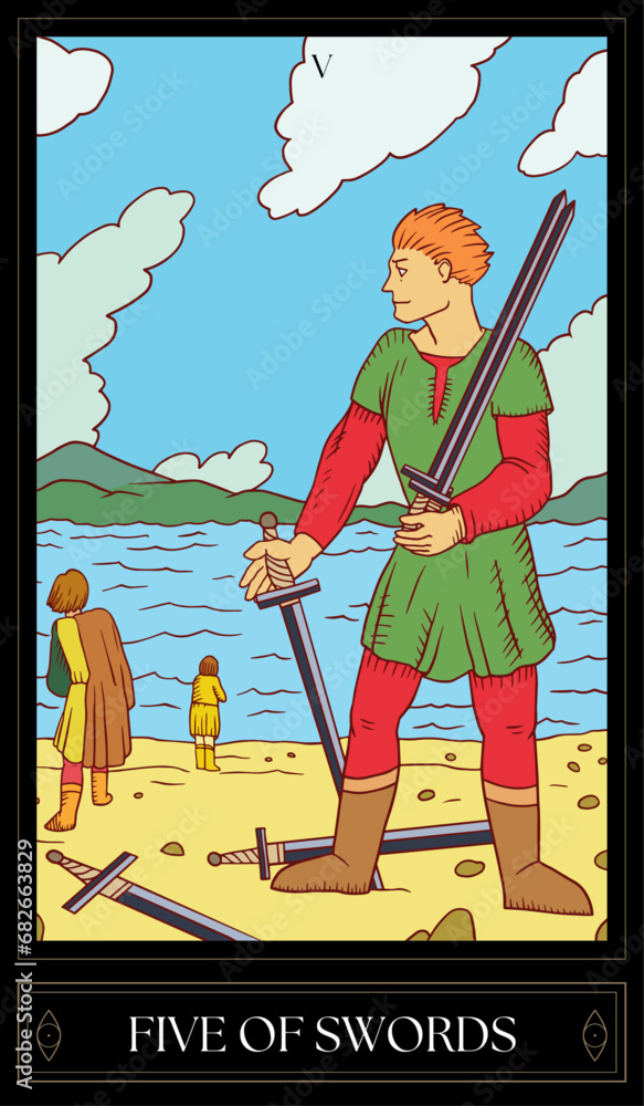 Obraz premium Tarot Card Illustration isolated on white background. five of swords