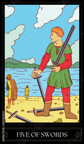 Tarot Card Illustration isolated on white background. five of swords