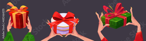 Female hands holding gift box isolated on black background. Vector cartoon illustration of Christmas, birthday, Valentine Day presents, paper wrapped packages with ribbon bows, holiday surprise